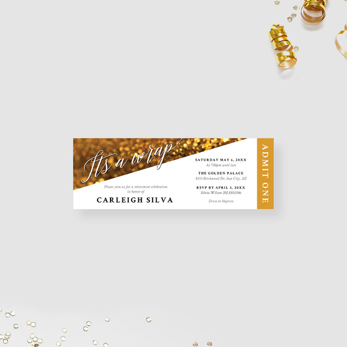 Its a Wrap Golden Ticket Invitation for Retirement Party, Personalized Retirement Luncheon Ticket Invites, Elegant Goodbye Party Ticket, Glittery Ticket Card for Farewell Party