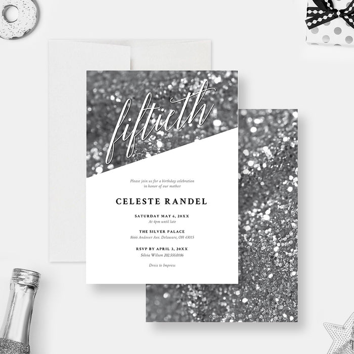 Personalized 50th birthday invitation with black and white bokeh design, large fiftieth script lettering, name, and party details-front-back