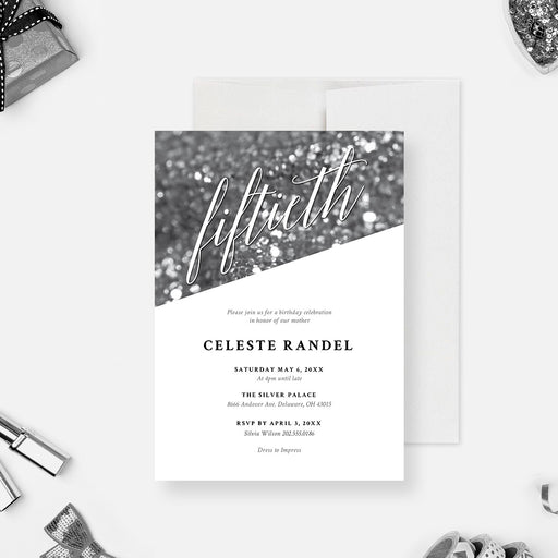 Personalized 50th birthday invitation with black and white bokeh design, large fiftieth script lettering, name, and party details-front