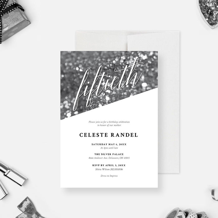 Personalized 50th birthday invitation with black and white bokeh design, large fiftieth script lettering, name, and party details-front