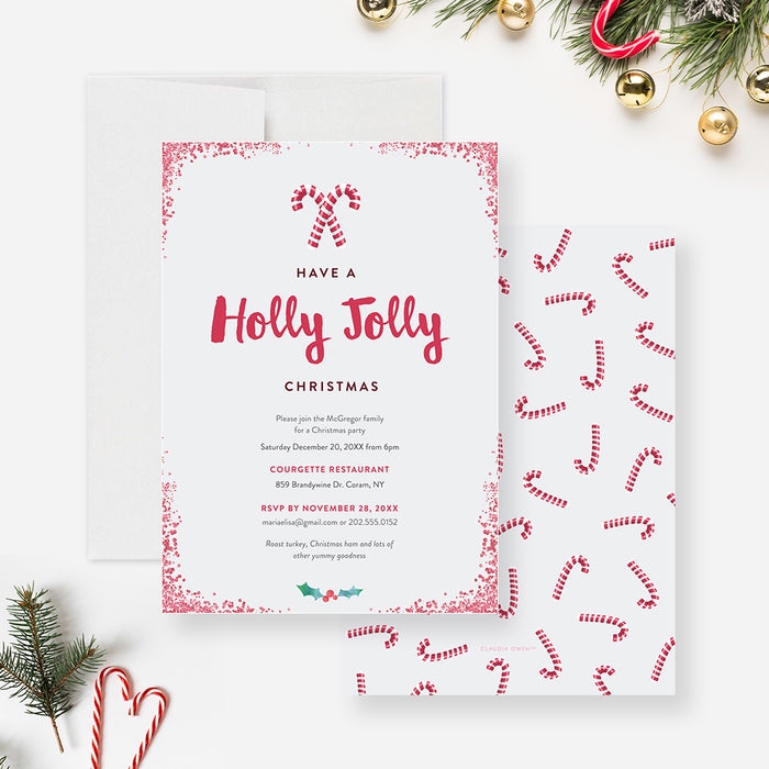 Holly Jolly Christmas Party Invitation Cards, Candy Cane Invites for Family Holiday Celebration, Christmas Lunch Invitation