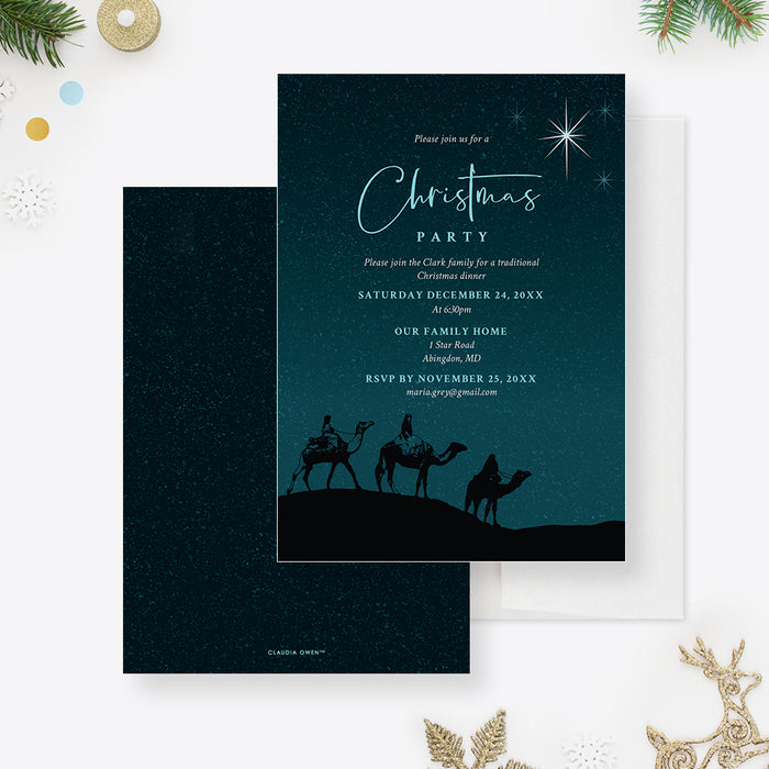 Starry Night Sky Christmas Party Invitation Card, The Three Kings Holiday Party Invites, Religious Christmas Eve Dinner Celebration