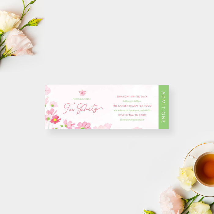 Pink Flowery Tea Party Ticket Card, Tea with the Bride to Be Ticket Invitation, Garden Tea Party Ticket Invites, Floral Bridal Shower Tickets