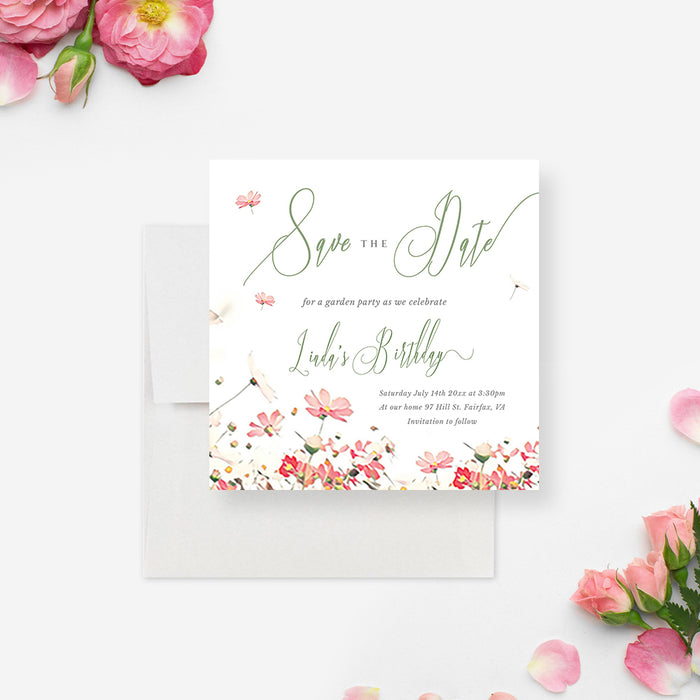 Floral Save the Date Card for a Garden Themed Party, Birthday Party Save the Dates with Flowers, Outdoor Birthday Bash Save the Date