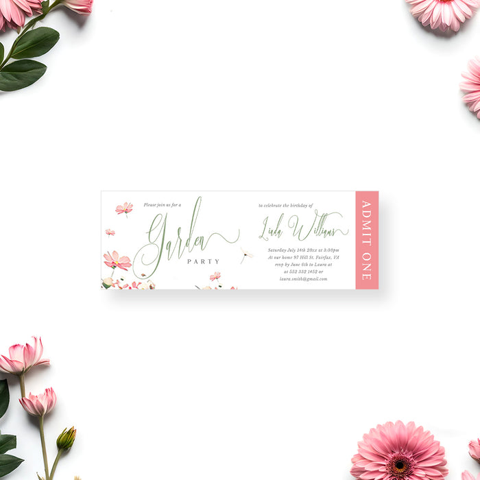 Floral Ticket Invites for a Garden Themed Party, Flowery Birthday Party Ticket Card, Summer Party Ticket Invitation for Women with Flowers