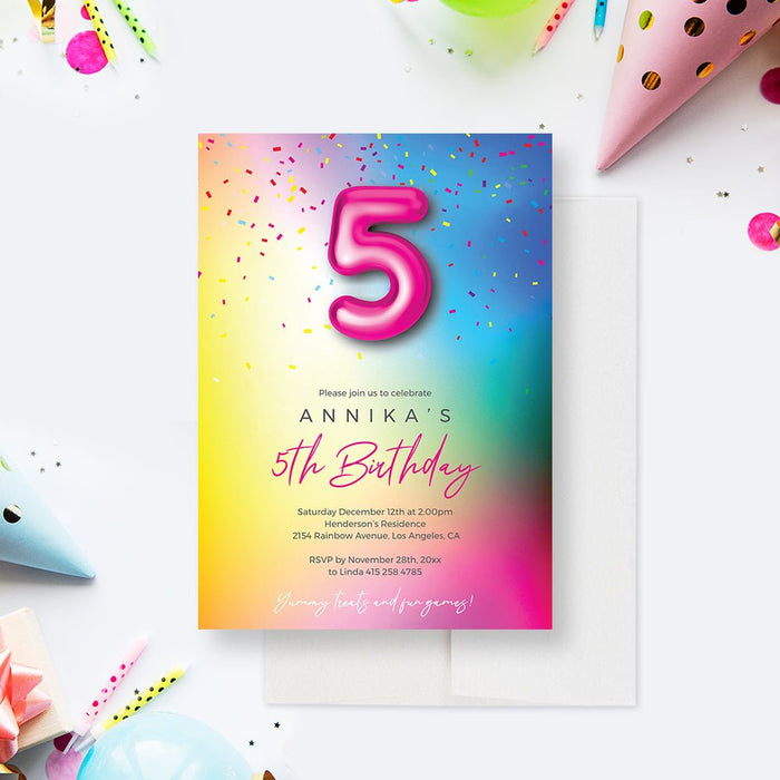 5th Birthday Invitation Template, Kids Colorful Digital Download Invites, Confetti Birthday Party, Custom Number Balloon Invitation, Turning 5 Fifth Birthday Invites