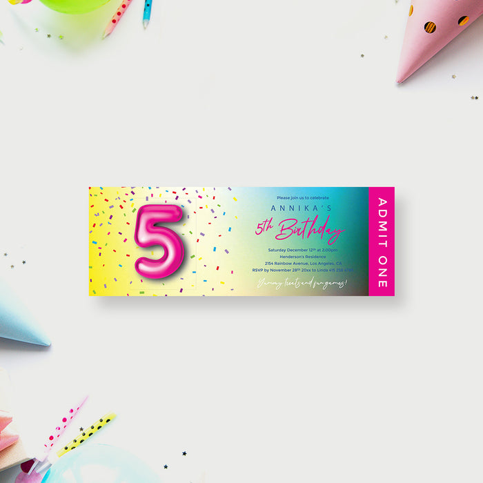 Colorful 5th Birthday Ticket Card with Confetti, Kids Birthday Party Ticket Invites, 1st 2nd 3rd 4th 5th 6th 7th Birthday Bash Ticket Invitation for Children