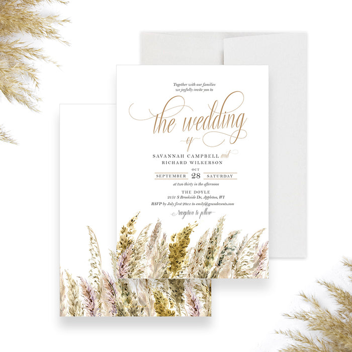 Wedding Invitation Card with Pampas Grass, Bohemian Wedding Invitations, Country Chic Wedding Invitations, Boho Wedding Invitations with Watercolor Grass Illustrations