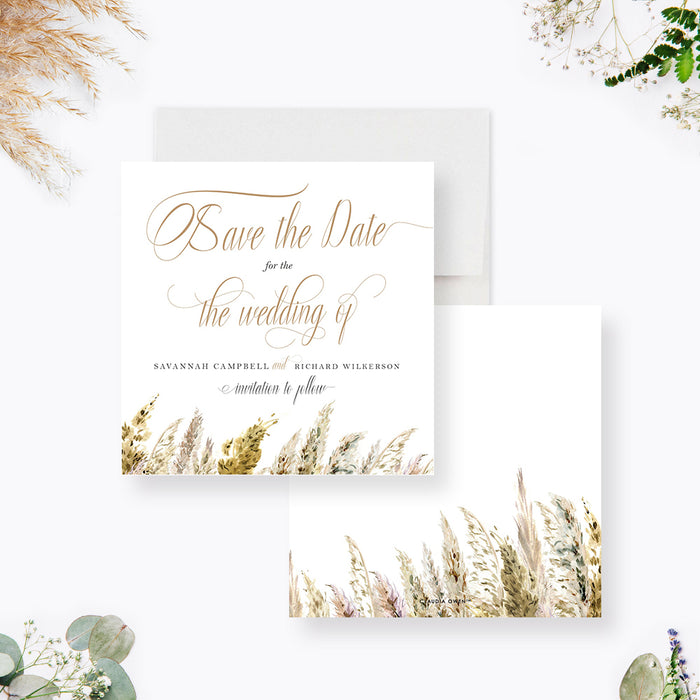Save the Date for Wedding Celebration with Pampas Grass, Country Chic Wedding Save the Date Card, Bohemian Wedding Save the Dates, Boho Wedding Save the Date