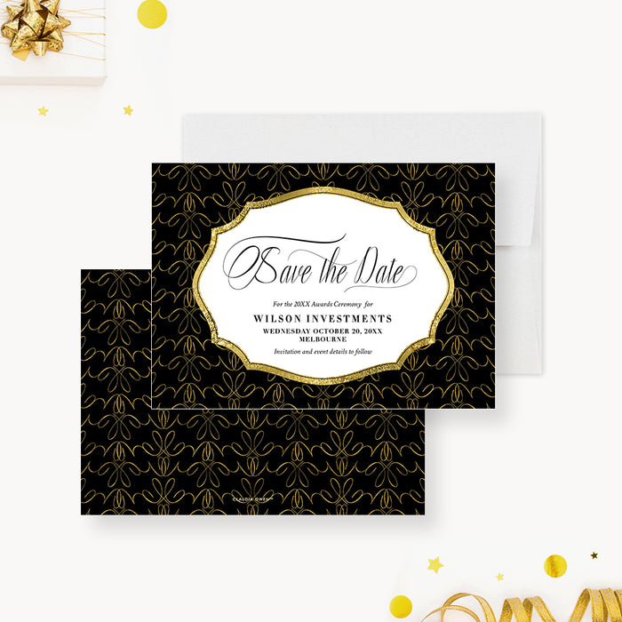 Save the Date Card for Award Ceremony in Gold and Black, Company Anniversary Party Save the Dates, Employee Service Award Save the Date Cards