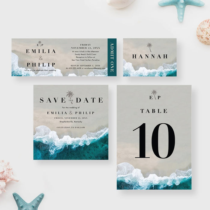 Beach Wedding Invitation Card, Modern Invitation for Destination Wedding, Tropical Wedding Invitation with Ocean Waves, Coastal Wedding Invitations