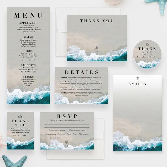 Beach Wedding Invitation Card, Modern Invitation for Destination Wedding, Tropical Wedding Invitation with Ocean Waves, Coastal Wedding Invitations