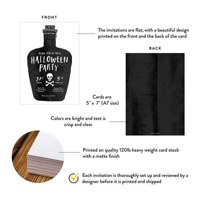 Halloween party invitation card with front and back views, details on cardstock and design quality.
