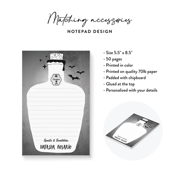 Notepad design with Halloween theme and product details on a white background