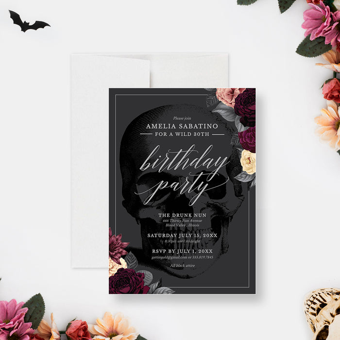 Goth Birthday Party Invitation Template with Skull With Flowers, 21st 30th 40th 50th Birthday Invites Digital Download