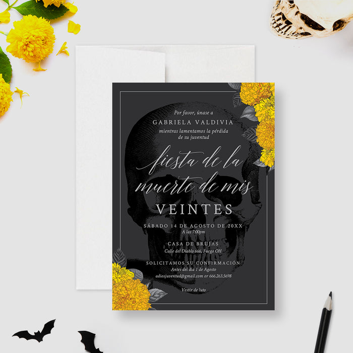 Death to My Twenties Halloween Party Invitation with Marigold Flowers, Fiesta de la Muerte de Mis Veintes, Mourning the End of My Youth