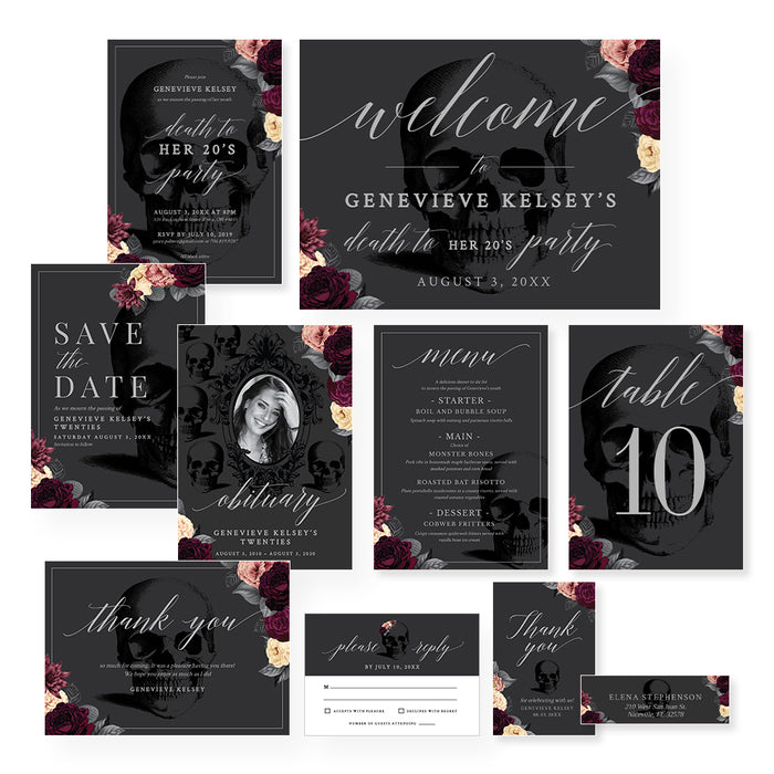 Death to Your 20's Party Invitation Matching Set Template, RIP 20's Death Party, Obituary Welcome Sign Gift Tag Bundle, Floral Skull