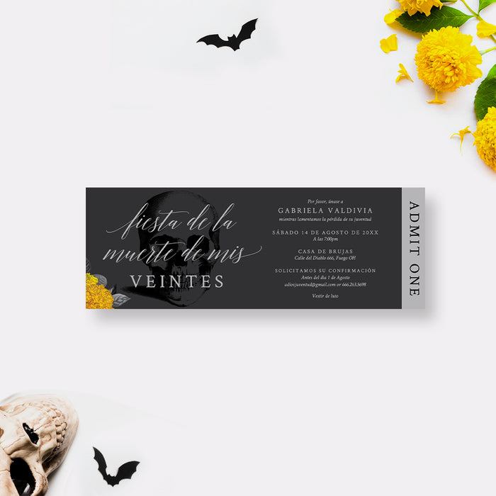 Death to My 20s Party Ticket with Marigold Flowers, Gothic Halloween Invitations