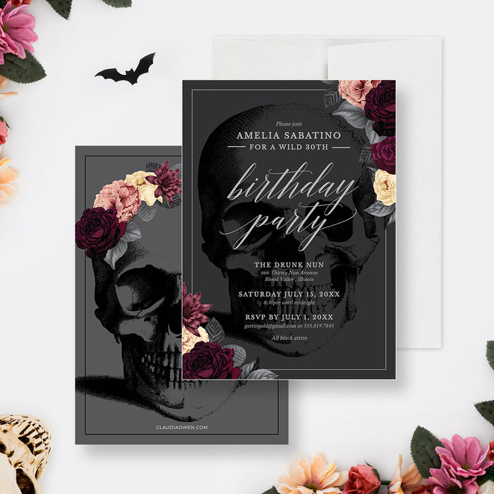 Goth Birthday Party Invitation Template with Skull With Flowers, 21st 30th 40th 50th Birthday Invites Digital Download