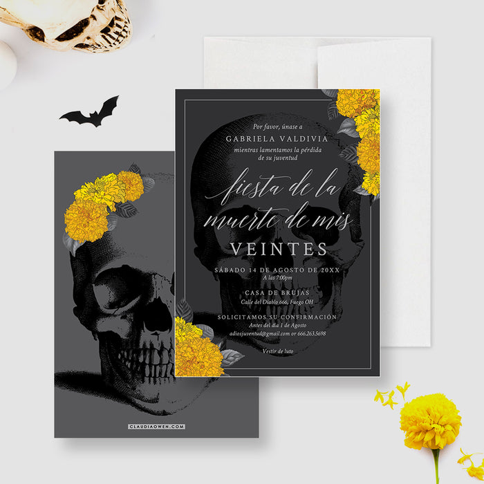 Death to My Twenties Halloween Party Invitation with Marigold Flowers, Fiesta de la Muerte de Mis Veintes, Mourning the End of My Youth
