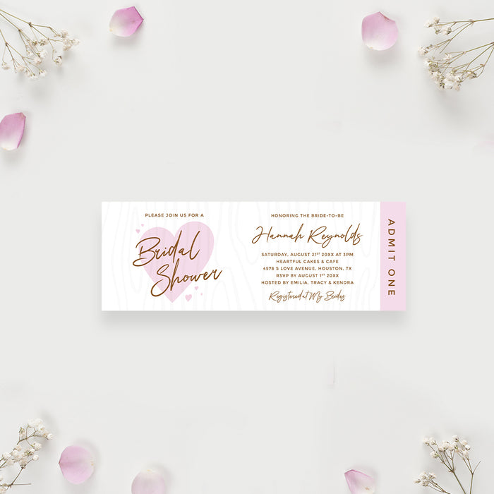 Cute Bridal Shower Ticket Invites with Pink Hearts, Couple Shower Ticket Invitation, Romantic Bridal Shower Ticket, Bride To Be Ticket Card