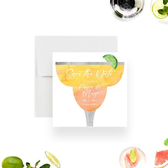 Cinco De Mayo Save the Date Card with Margarita Glass and Lime Slice Design, Save the Dates for Cocktail Birthday Party, Mexican Theme Party Save the Dates