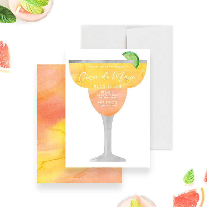 Cinco De Mayo Invitation Card with Margarita Glass and Lime Slice Design, Mexican Fiesta Party Invites, Margarita Birthday Invitation