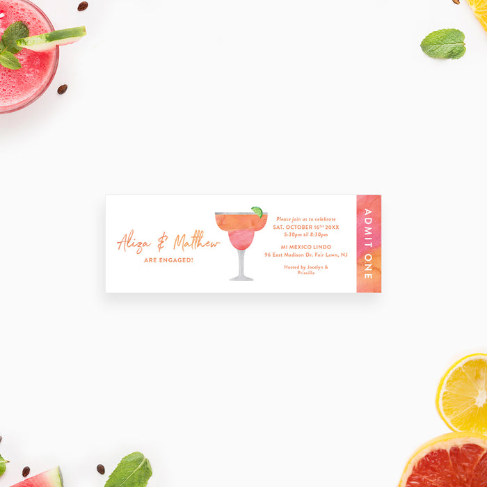 Engagement Party Ticket Invitation with Margarita Drink and Lime Illustration, Modern Ticket Invites for Cocktail Party, We're Engaged Tickets