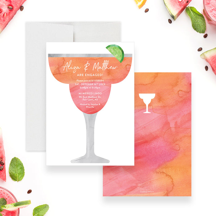 Engagement Party Invitation Card with Margarita Drink and Lime Illustration, Modern and Fun Invites for Engagement Cocktail Party, Cheers to Love