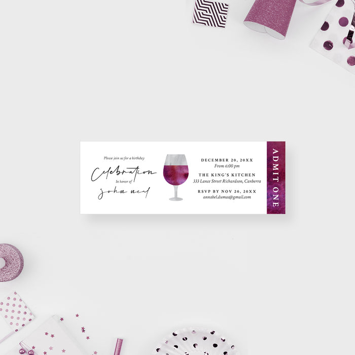 Wine Tasting Birthday Party Ticket Invitation with Wine Glass Design, Winery Bachelorette Party Ticket Invites, Wine Theme Party Ticket