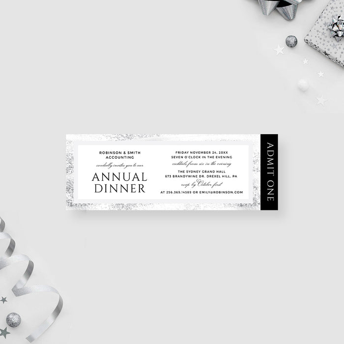 Ticket Invitation for Annual Business Dinner Party in Silver and White, Office Team Dinner Ticket Card, Elegant Company Ticket Invites, Corporate Dinner Ticket