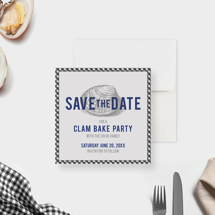 Clambake House Party Save the Date Card, Seafood Fest Save the Date with Clam Illustration