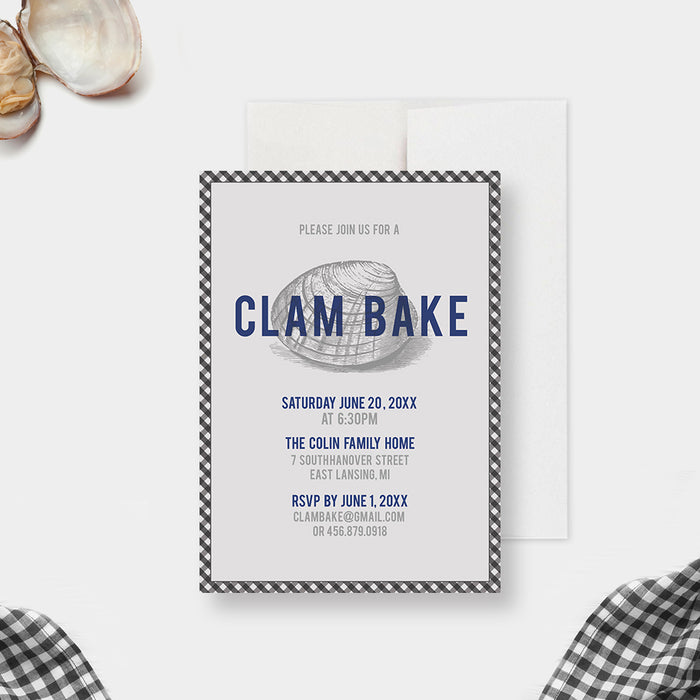 Clambake House Party Invitation Card, Seafood Party Invites with Clam Illustration