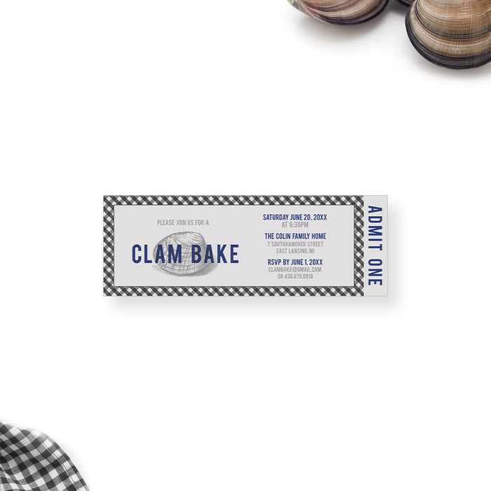 Clambake House Party Ticket Invitation, Seafood Fest Ticket Invites with Clam Illustration, Summer Seafood Tickets