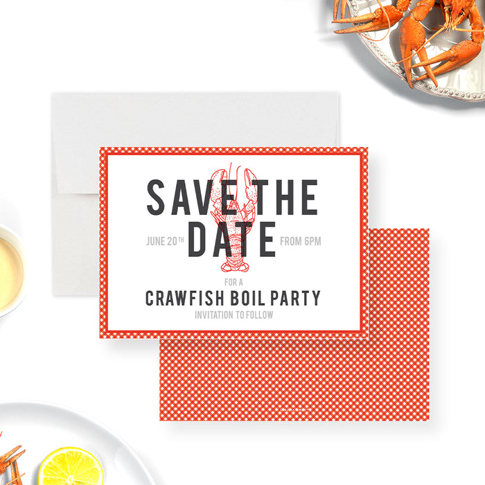 Crawfish Boil Save the Date Card with Plaid Design, Crayfish Birthday Party Save the Date, Seafood Celebration Save the Dates
