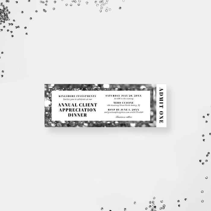 Silver Glittery Ticket Invitation for Client Appreciation Dinner Party, Elegant Business Party Ticket, Company Meeting Ticket Invites, Corporate Dinner Ticket Card