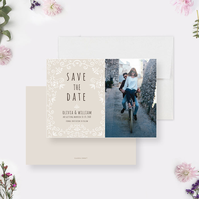 Boho Chic Save the Date Card for Wedding with Hand Drawn Pattern, Rustic Wedding Save the Date with Photo, Country Western Wedding Save the Date