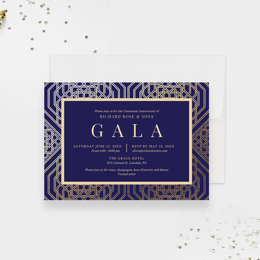 a blue and gold invitation card with the word gala on it
