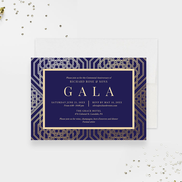 a blue and gold invitation card with the word gala on it