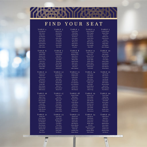 Corporate gala seating chart in navy and gold with art deco design for business events and banquets in an editable digital template