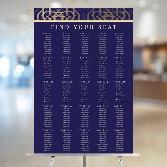 Corporate gala seating chart in navy and gold with art deco design for business events and banquets in an editable digital template