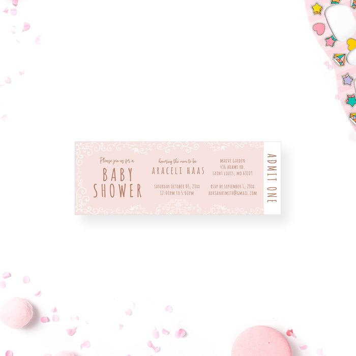 Boho Country Ticket Invitation for Baby Shower with Hand Drawn Pattern in Light Pink, Country Baby Shower Ticket, Bohemian Baby Shower Ticket Invites