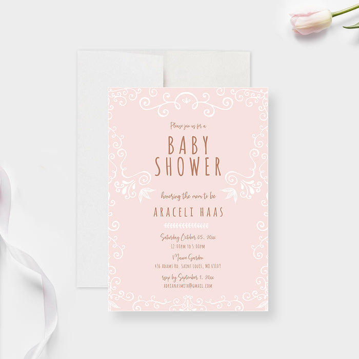 Boho Baby Shower Invitation Card with Hand Drawn Pattern in Light Pink, Country Chic Baby Shower invitations, Rustic Baby Shower Invitations