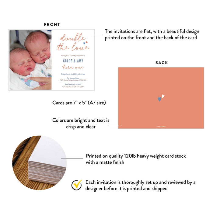 Twin Birthday Invitation with Photo Double the Love Theme