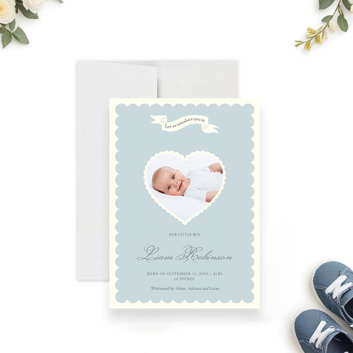 Personalized Newborn Baby Boy Announcement Card Digital Download, Heart Shaped Photo Baby Announcement Template