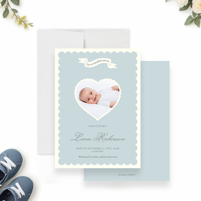 Personalized Newborn Baby Boy Announcement Card Digital Download, Heart Shaped Photo Baby Announcement Template