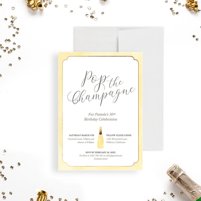 Pop the Champagne Birthday Template, Champagne Toast 30th 40th 50th Digital Download Invitation, Cocktail Party Invites