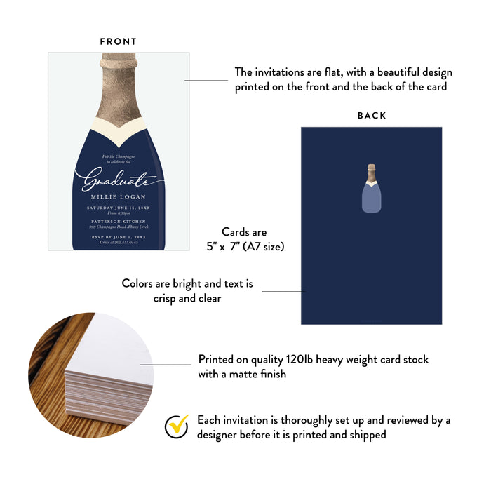 Navy Champagne Bottle Graduation Party Invitation