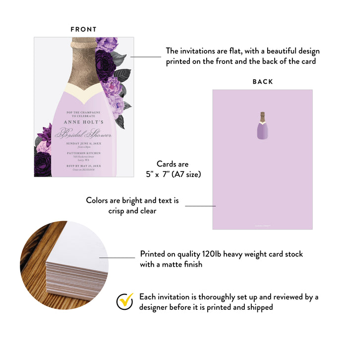Purple Floral Bridal Shower Invitation Champagne Bottle