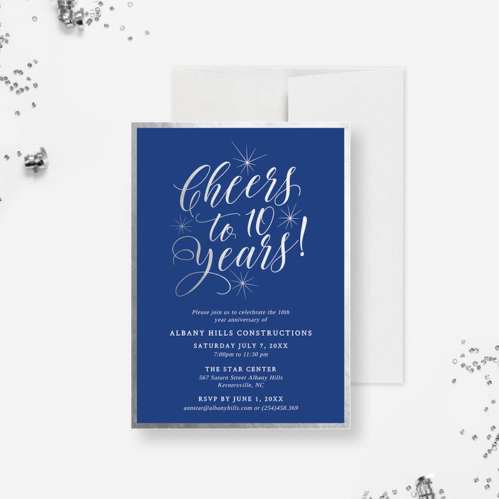 Cheers to 10 Years Invitation Template in Blue and Gold, 10 Year Business Anniversary Invitation Digital Download, Corporate Work Anniversary Invite, 10th Wedding Anniversary Party